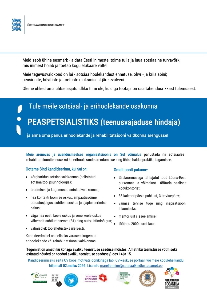 Sotsiaalkindlustusamet Peaspetsialist (teenusvajaduse hindaja)