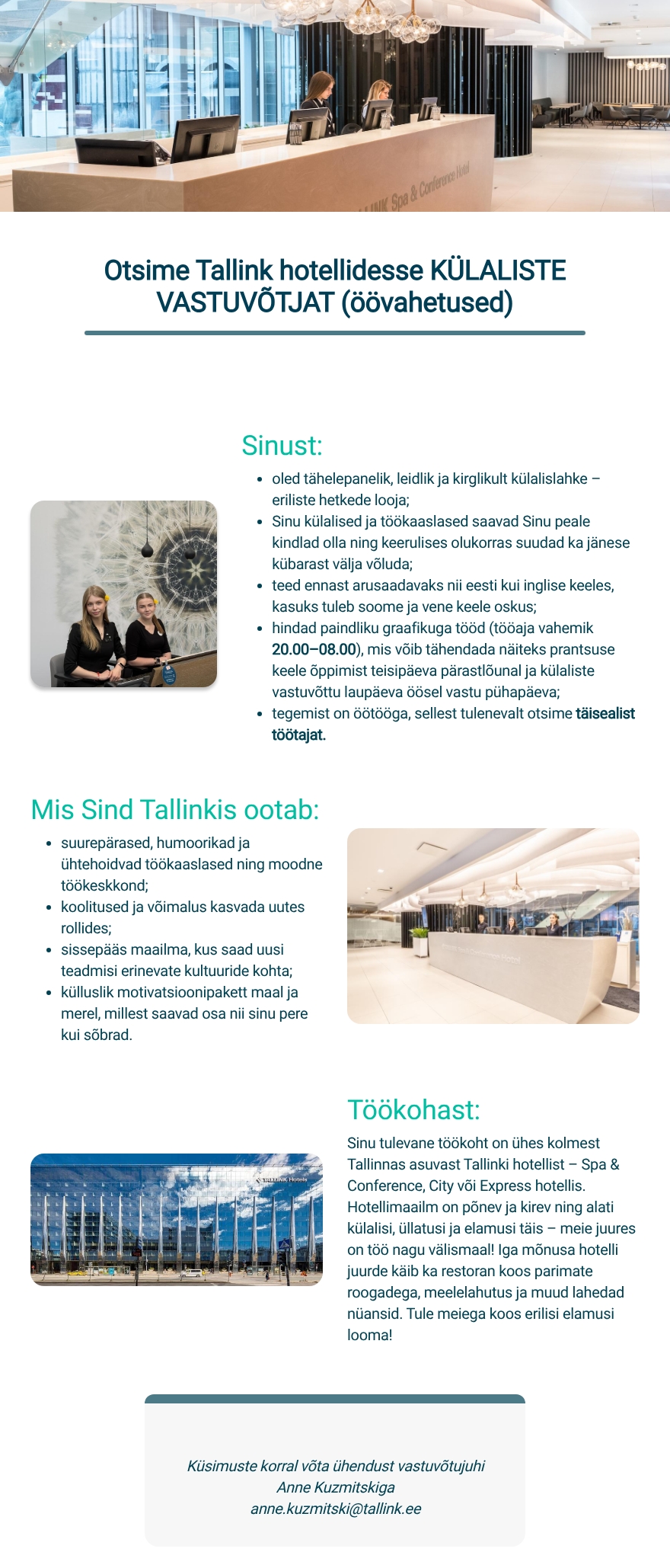 Tallink Grupp AS Tallink hotellide külaliste vastuvõtja (öövahetused)