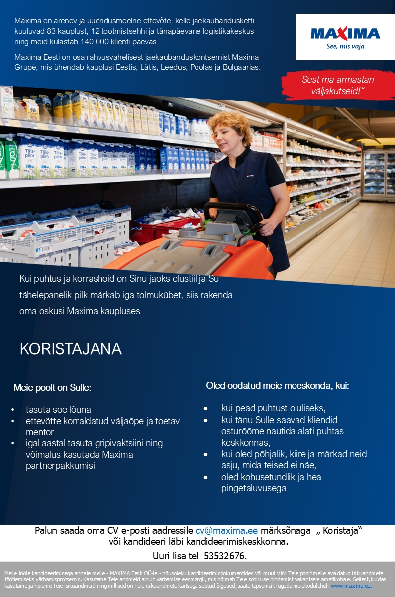 Maxima Eesti OÜ Koristaja Astangu Maximas osaline tööaeg