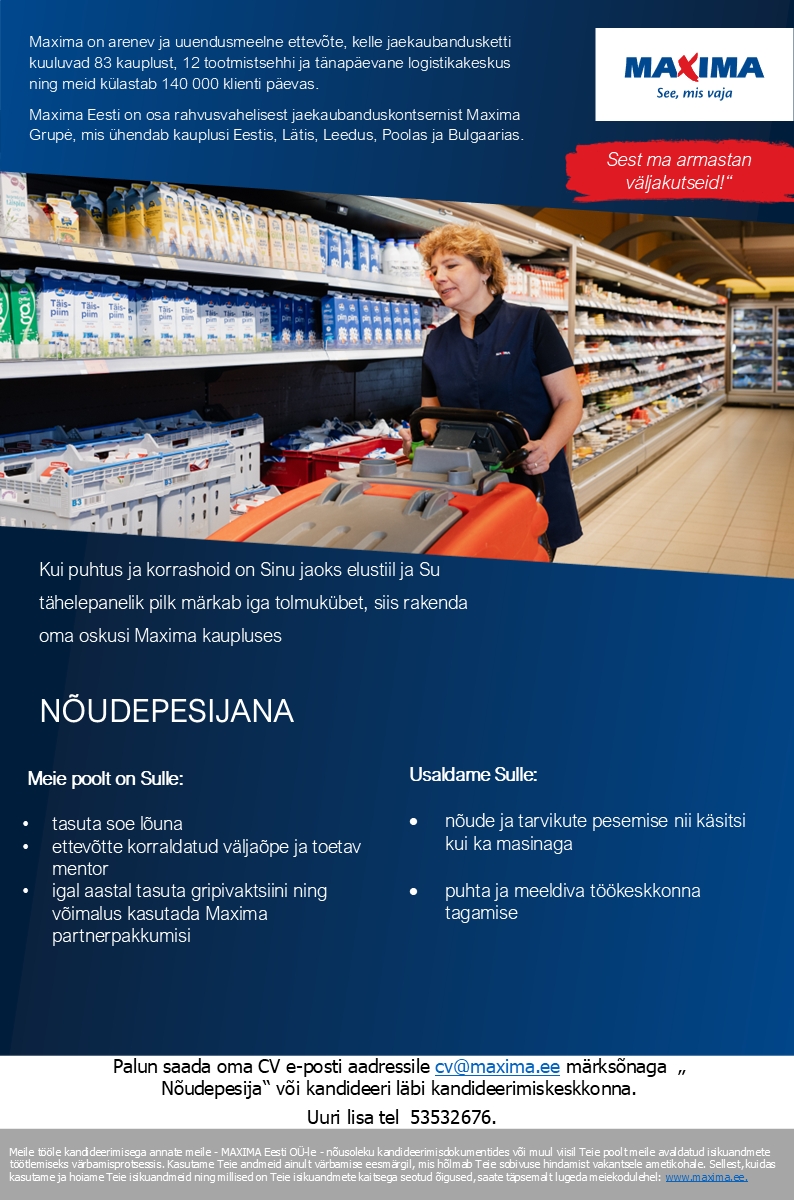 Maxima Eesti OÜ Nõudepesija Maardu Maximas