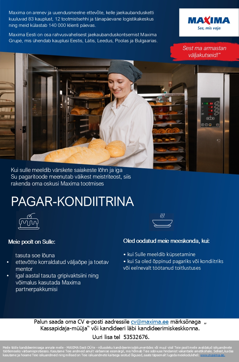 Maxima Eesti OÜ Pagar-kondiiter Maardu Maximas