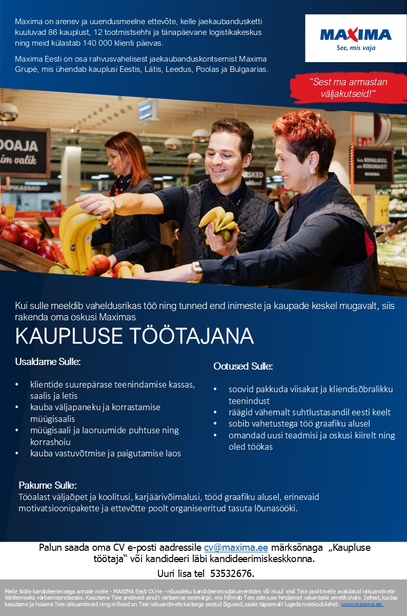 Maxima Eesti OÜ Kaupluse töötaja Maardu Maximas (osaline töö)