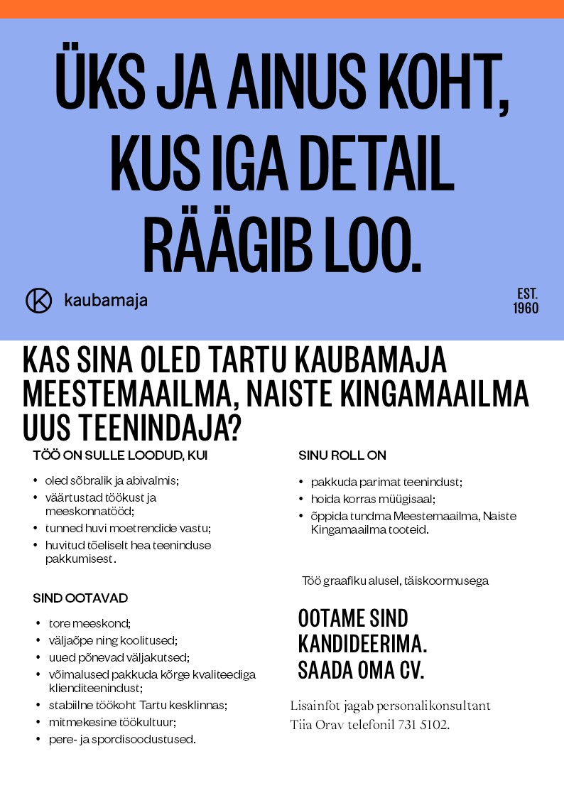 Kaubamaja Teenindaja Tartu Kaubamaja Meestemaailmas, Naiste Kingamaailmas