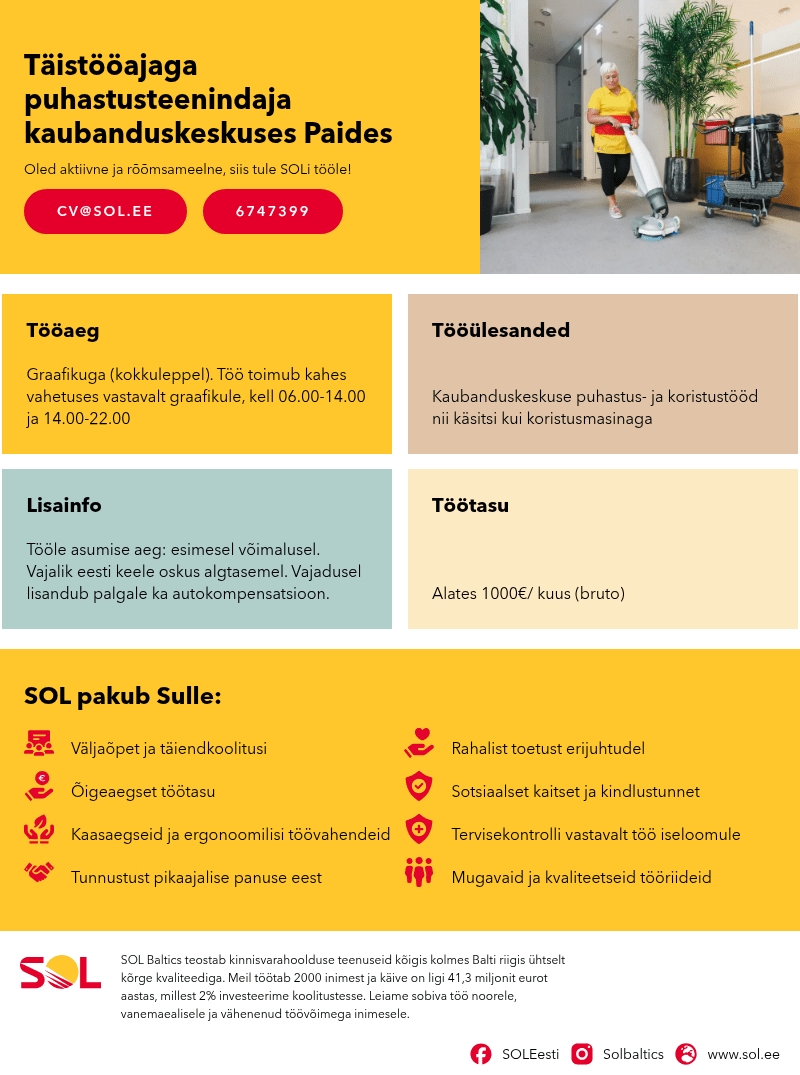 SOL Baltics OÜ Täistööajaga puhastusteenindaja kaubanduskeskuses Paides