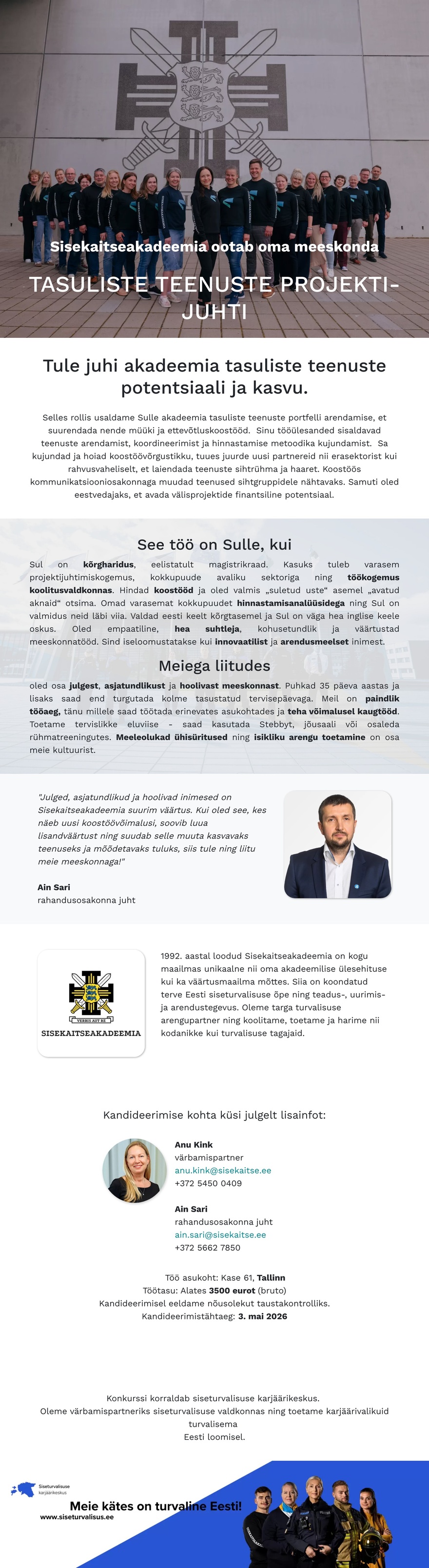 Siseturvalisuse karjäärikeskus Tasuliste teenuste projektijuht