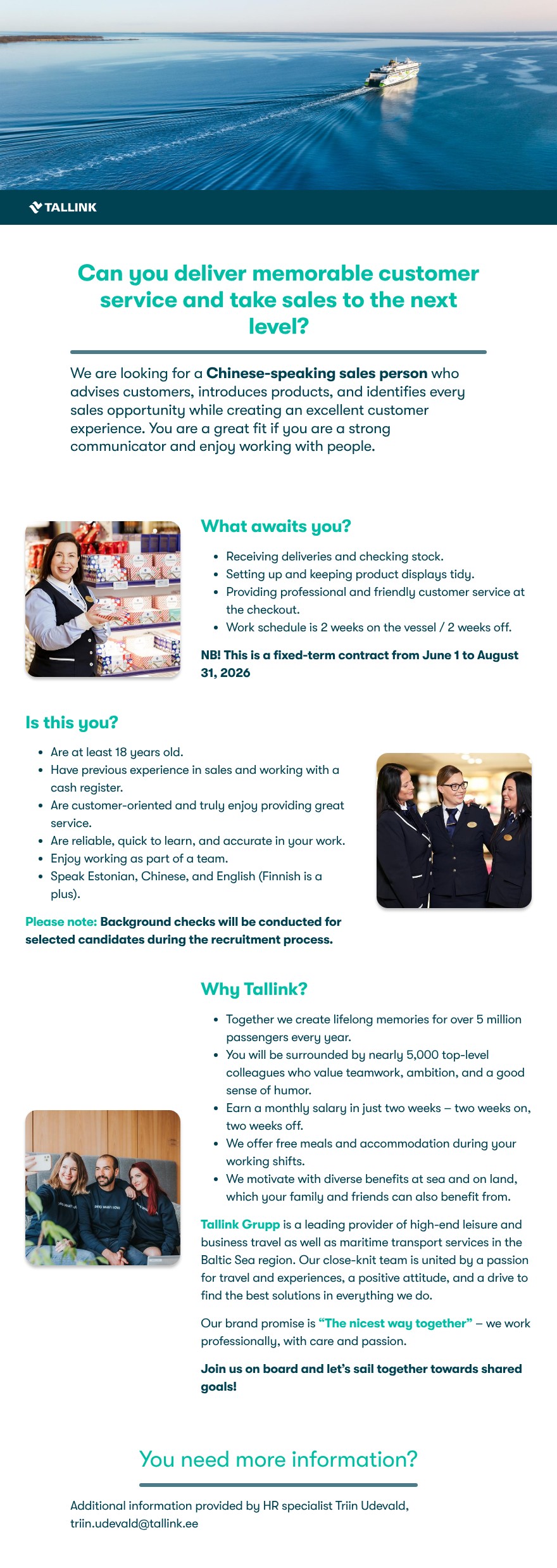Tallink Grupp AS Hiina keele oskusega müüja laevale (ENG)