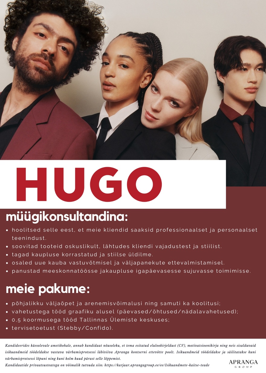 Apranga OÜ HUGO müügikonsultant ( 0,5 koormusel)