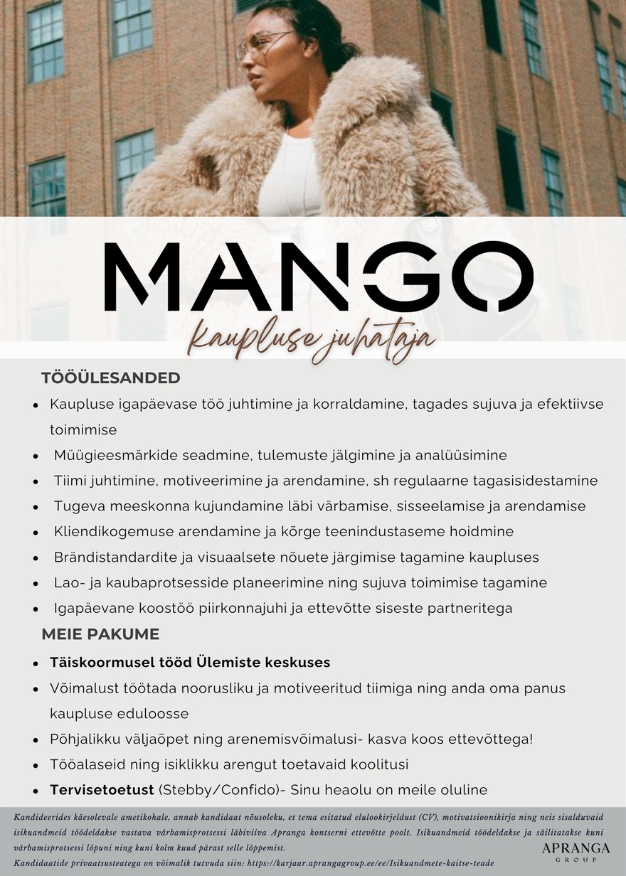 Apranga OÜ MANGO kaupluse juhataja Ülemiste keskuses