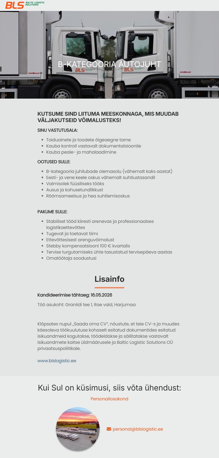Baltic Logistic Solutions OÜ B-kategooria autojuht