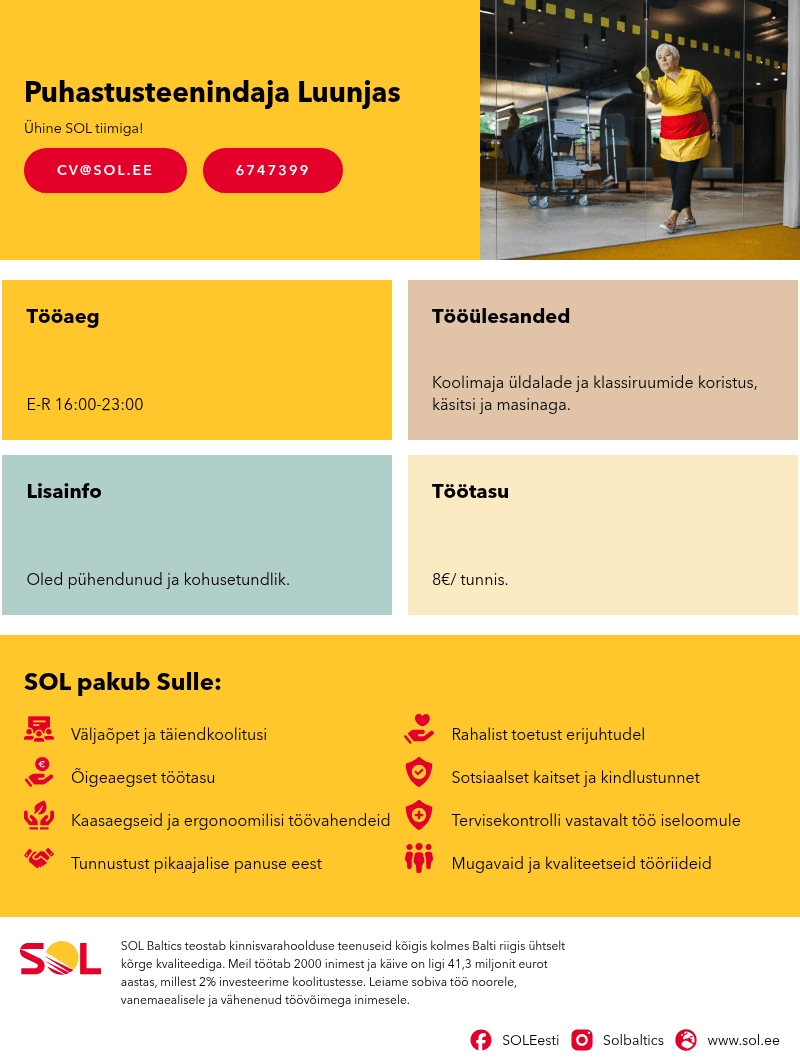 SOL Baltics OÜ Puhastusteenindaja Luunjas