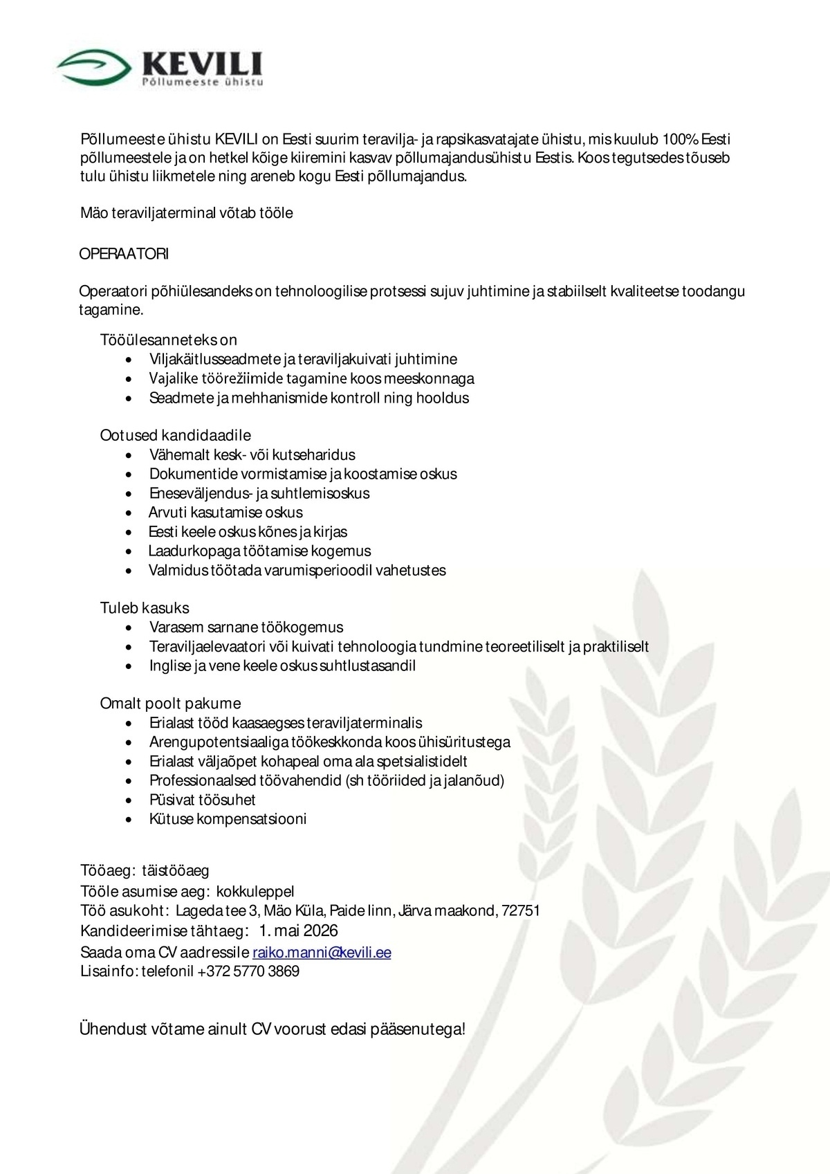 Põllumeeste ühistu KEVILI OPERAATOR