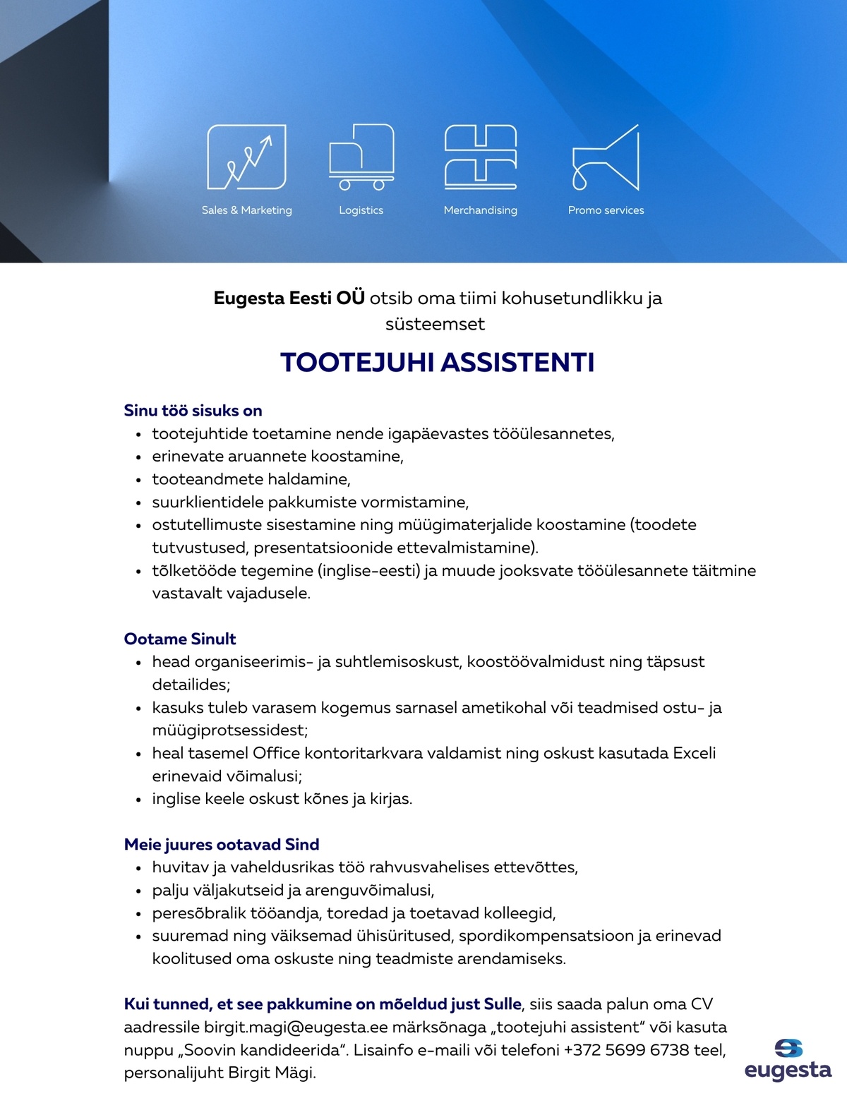 Eugesta Eesti OÜ Tootejuhi assistent