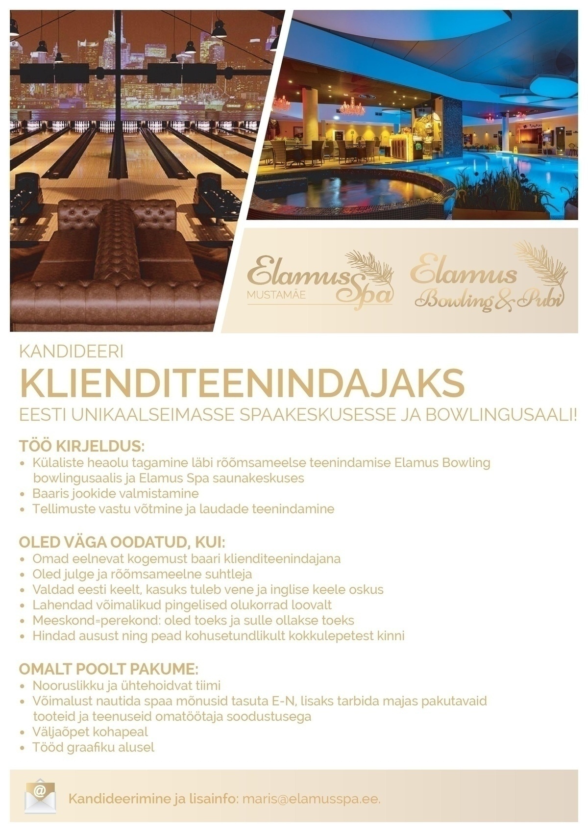 Mustamäe Spa OÜ Baari klienditeenindaja (Elamus Spa / Elamus Bowling&Pubi)