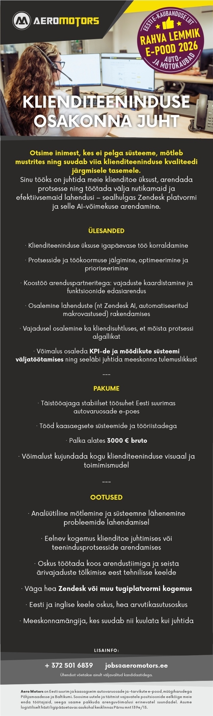 Aero Motors OÜ Klienditeeninduse osakonna juht