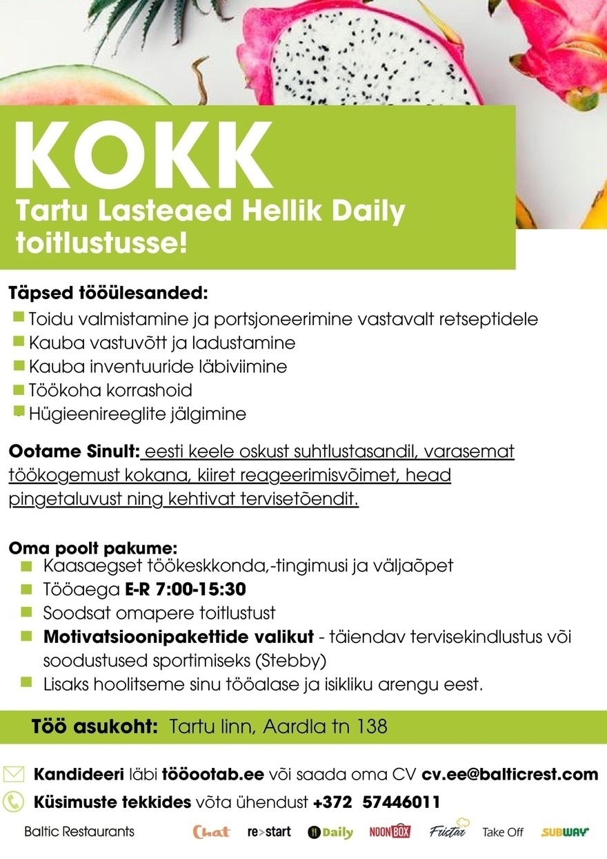 Baltic Restaurants Estonia AS KOKK Tartu Lasteaed Hellik Daily toitlustusse!