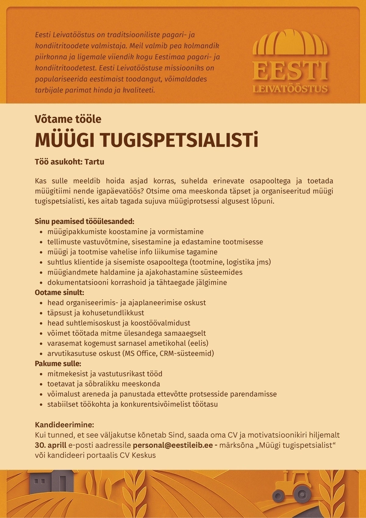 EESTI LEIVATÖÖSTUS AS Müügi tugispetsialist