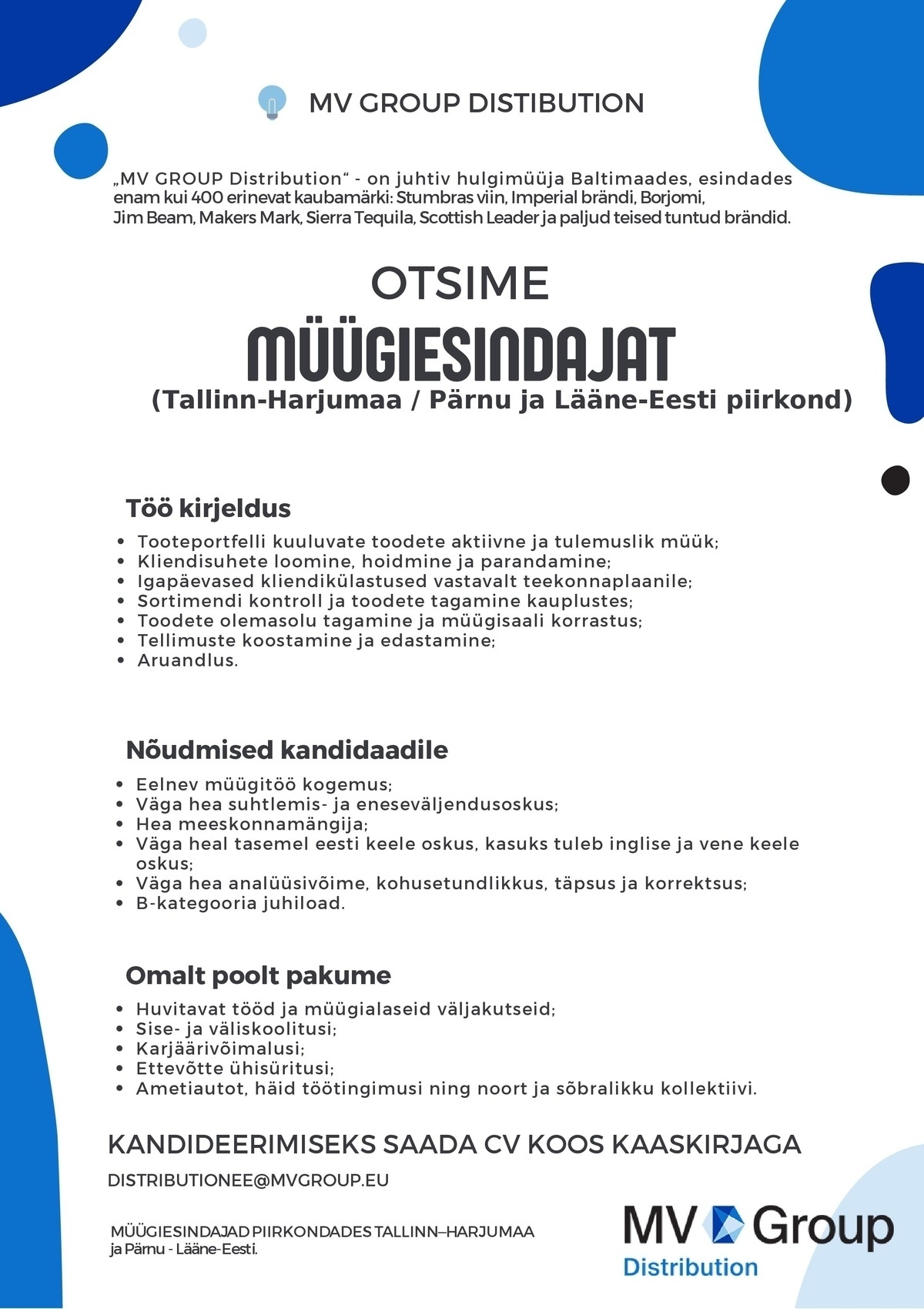 MV Group Distribution EE OÜ MÜÜGIESINDAJA - Tallinn/Harjumaa ja Pärnu/Lääne-Eesti piirkond