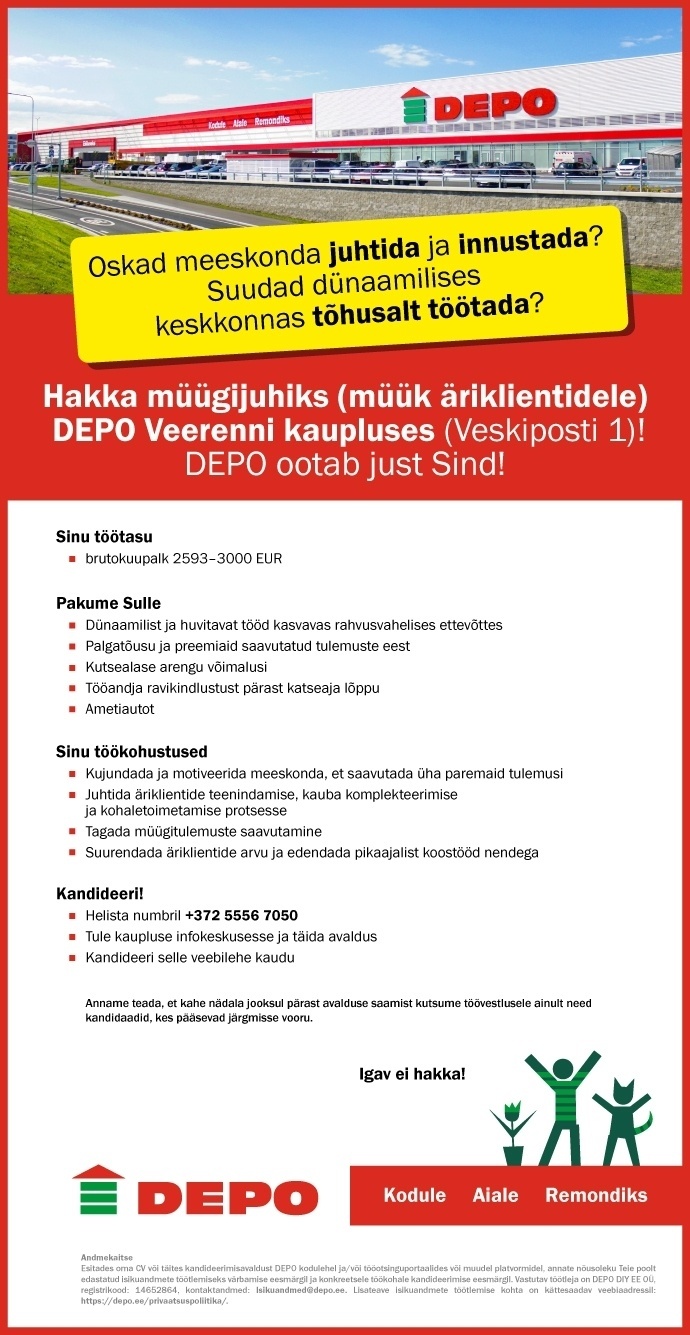 DEPO DIY EE OÜ Müügijuht (müük äriklientidele), Veerenni (Veskiposti 1)