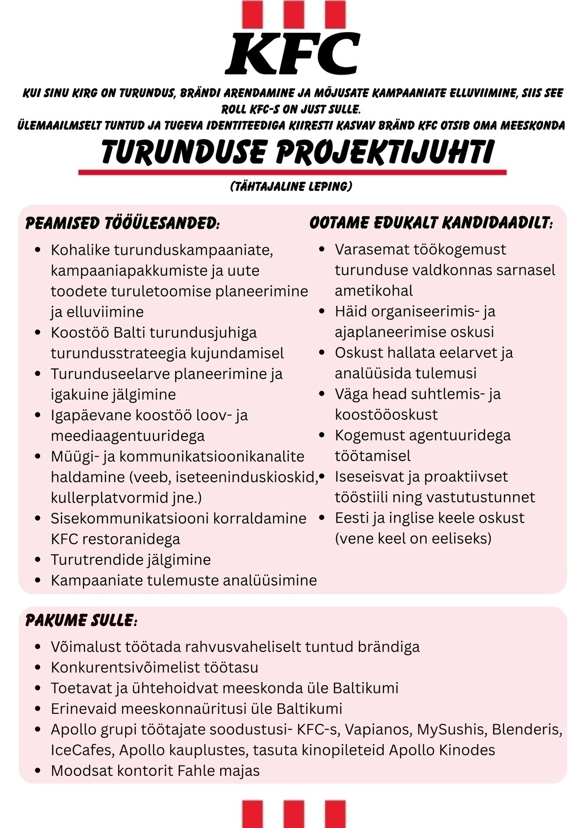 APL Fresh Food OÜ KFC Turunduse Projektijuht (tähtajaline leping)!