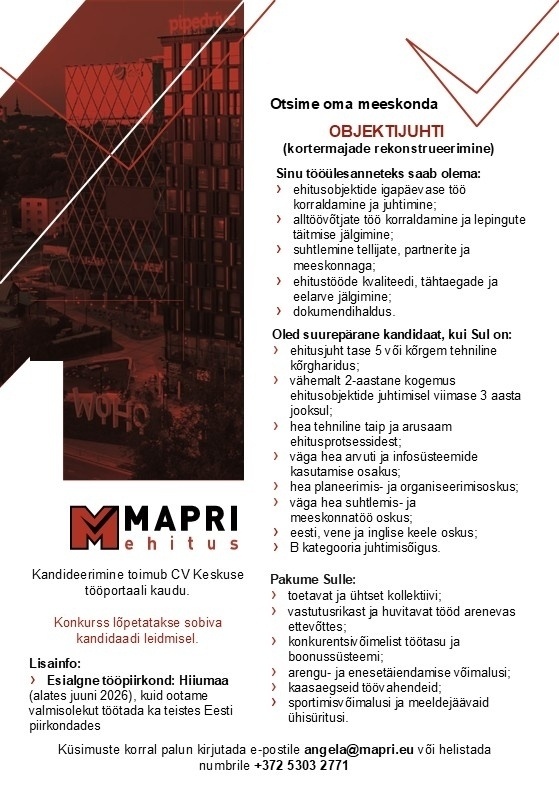 MAPRI EHITUS OÜ Objektijuht (kortermajade rekonstrueerimine)