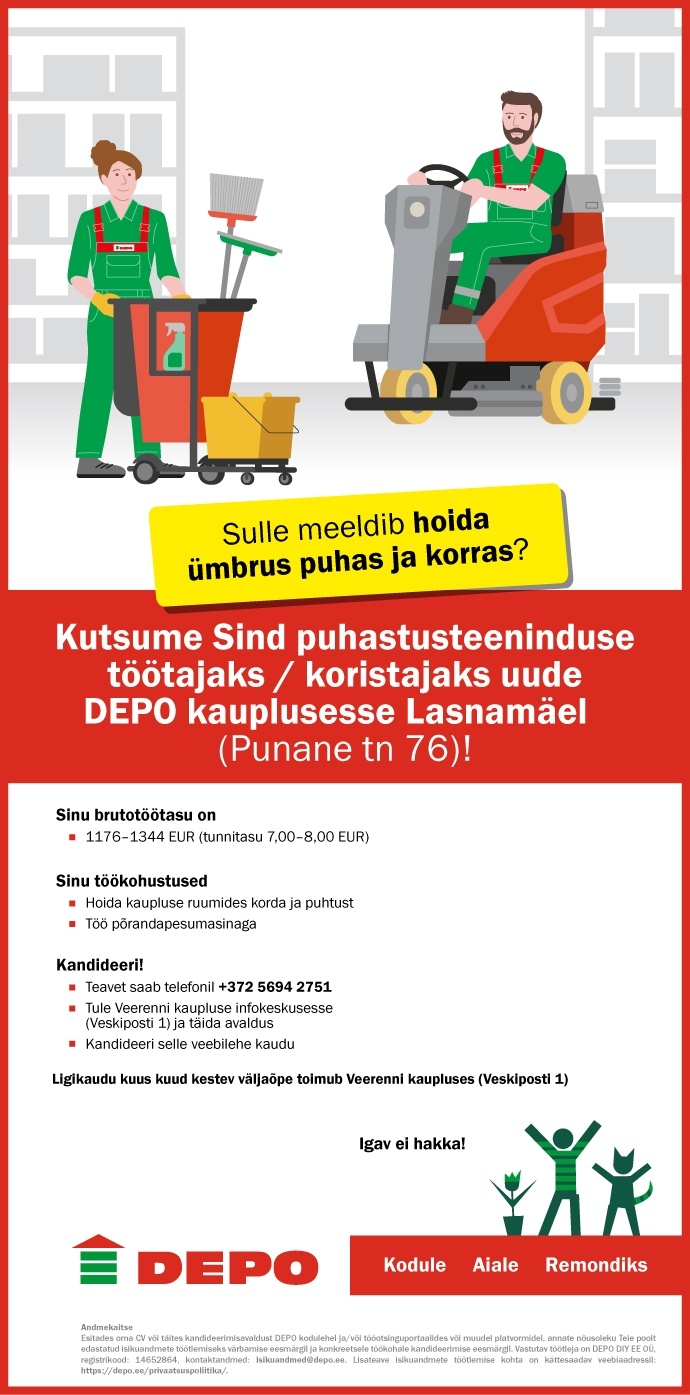 DEPO DIY EE OÜ Puhastusteeninduse töötaja / koristaja, Lasnamäe (Punane tn 76)