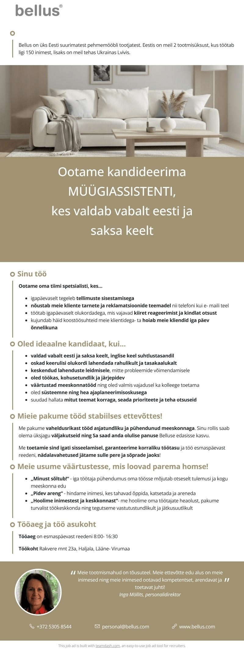 Bellus Furniture OÜ MÜÜGIASSISTENT saksa keele oskusega