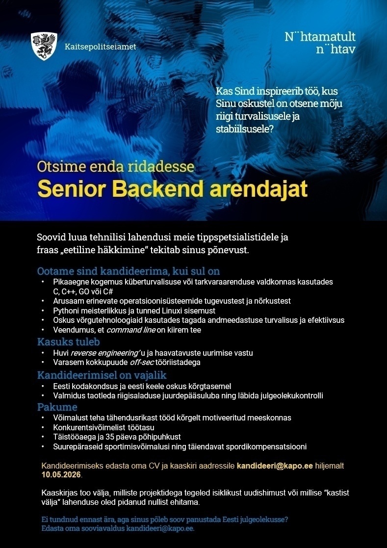 Kaitsepolitseiamet Senior Backend arendaja