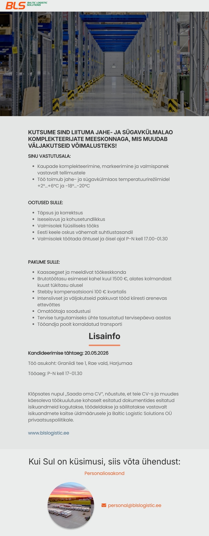 Baltic Logistic Solutions OÜ Jahe- ja sügavkülmalao komplekteerija