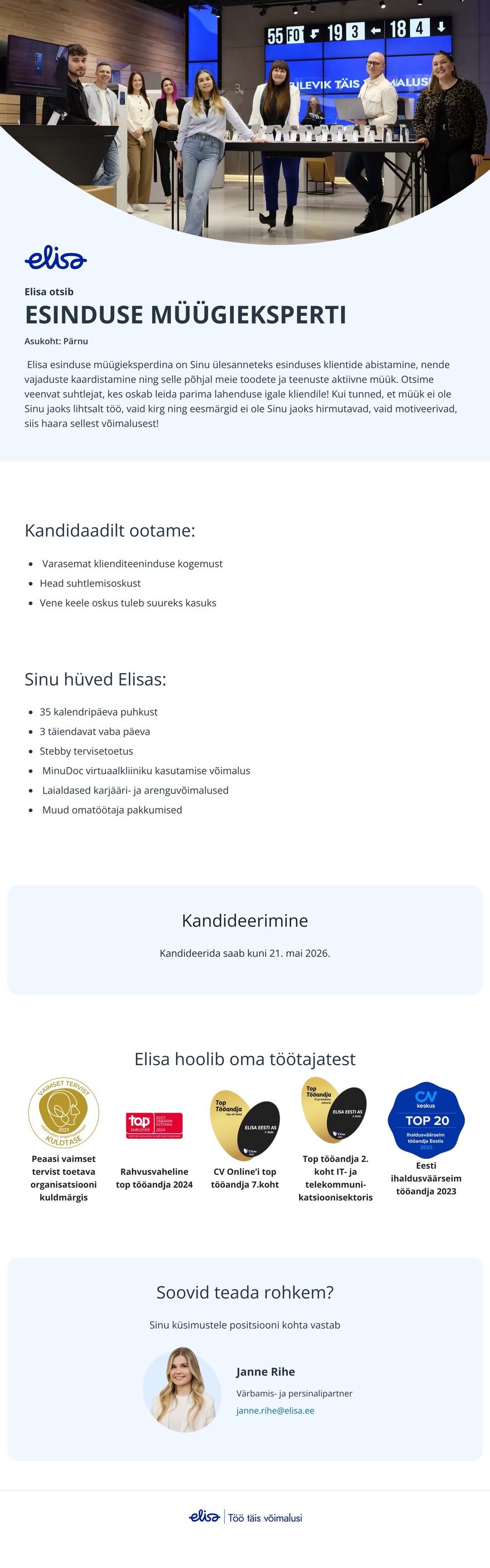 Elisa Eesti AS Esinduse müügiekspert (Pärnu)