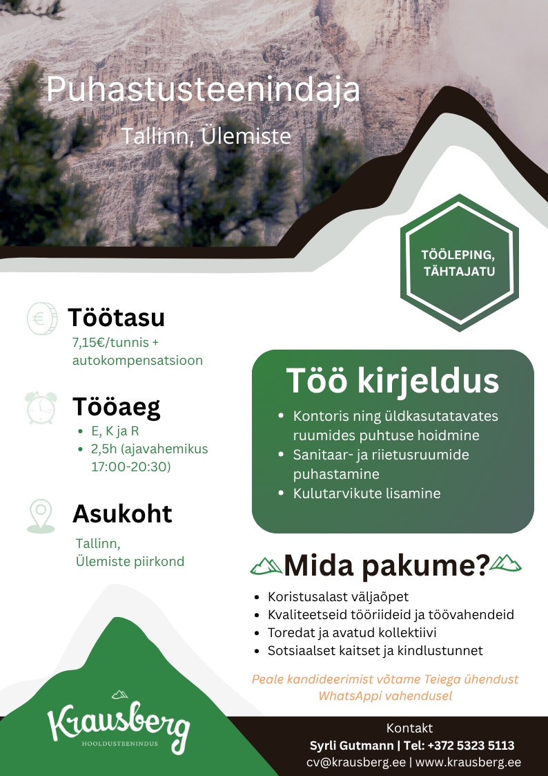 Krausberg Eesti OÜ Puhastusteenindaja, Ülemiste (õhtune, osalise ajaga)