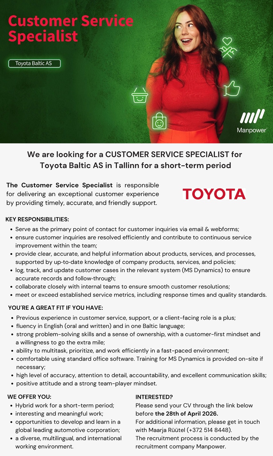 Manpower OÜ CUSTOMER SERVICE SPECIALIST