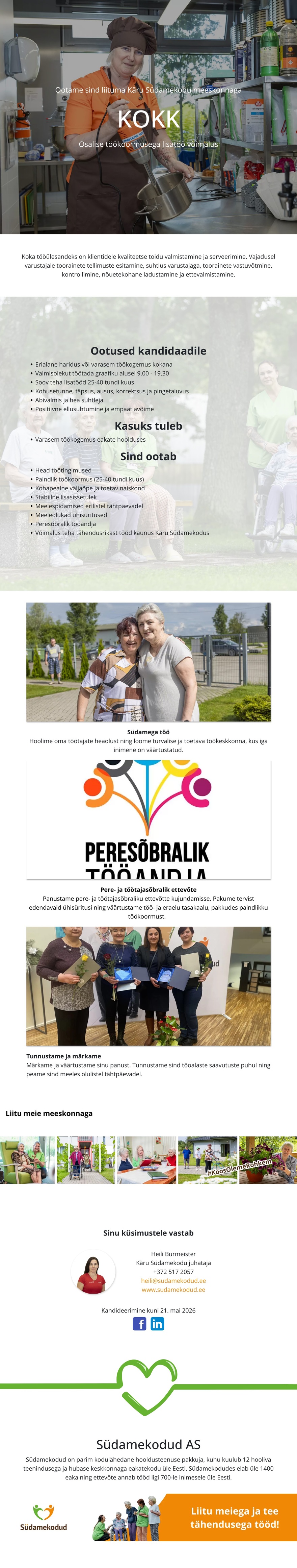 Käru Südamekodu Kokk Käru Südamekodusse (väikese koormusega lisatöö)