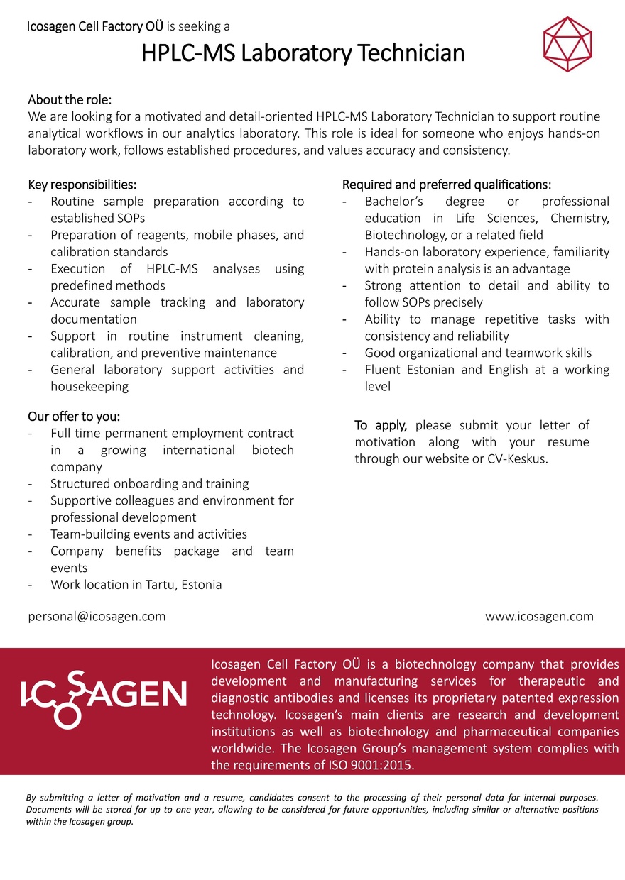 Icosagen Cell Factory OÜ HPLC-MS Laboratory Technician