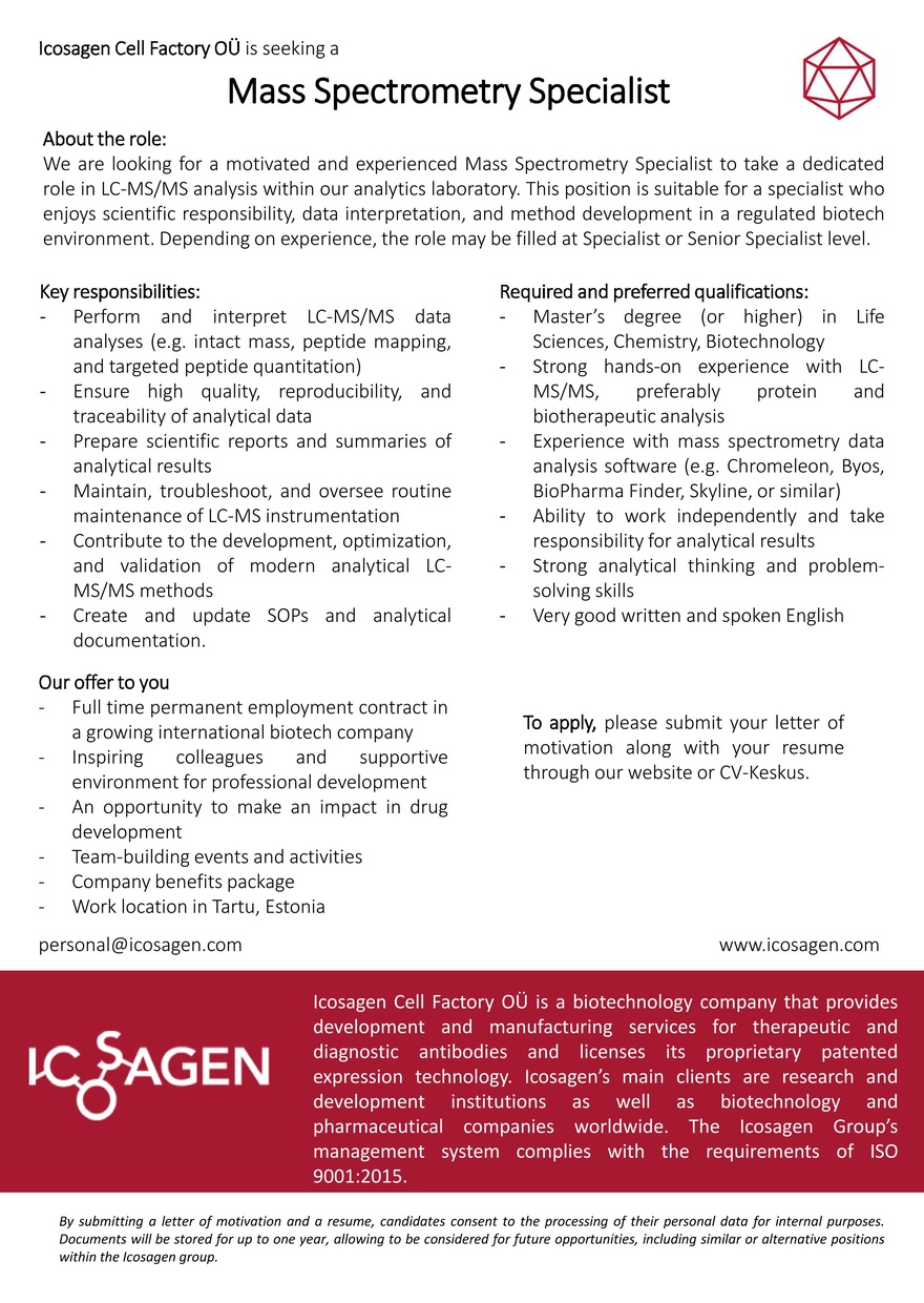 Icosagen Cell Factory OÜ Mass Spectrometry Specialist