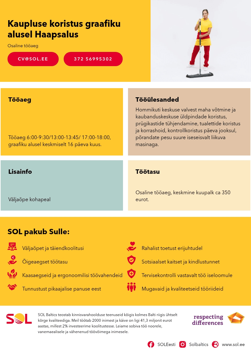 SOL Baltics OÜ Kaupluse koristus graafiku alusel Haapsalus
