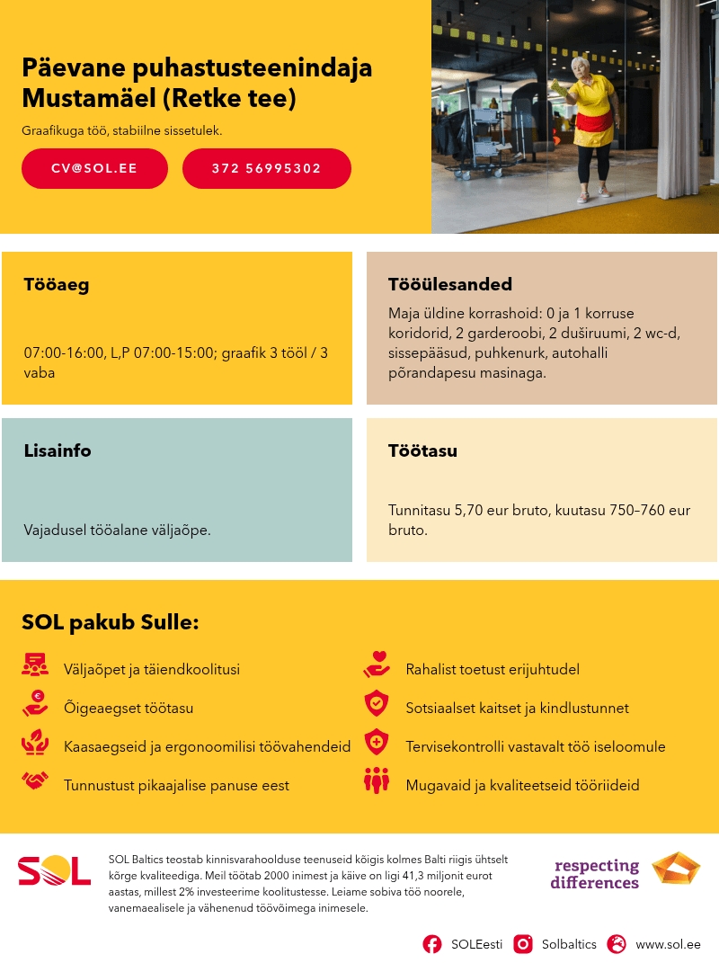 SOL Baltics OÜ Päevane puhastusteenindaja Mustamäel (Retke tee)