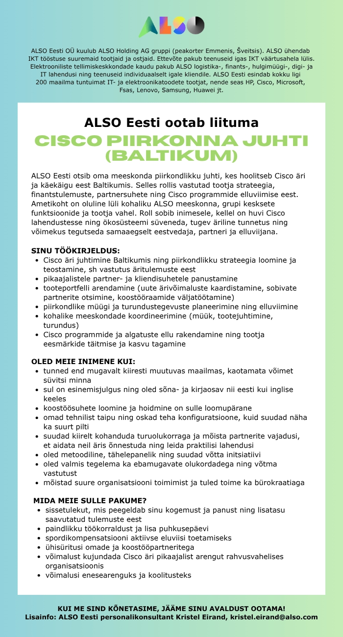 ALSO Eesti OÜ Cisco piirkonna juht (Baltikum)