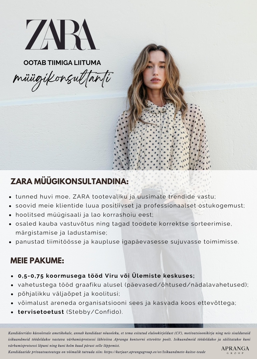 Apranga OÜ Liitu ZARA tiimiga müügikonsultandina