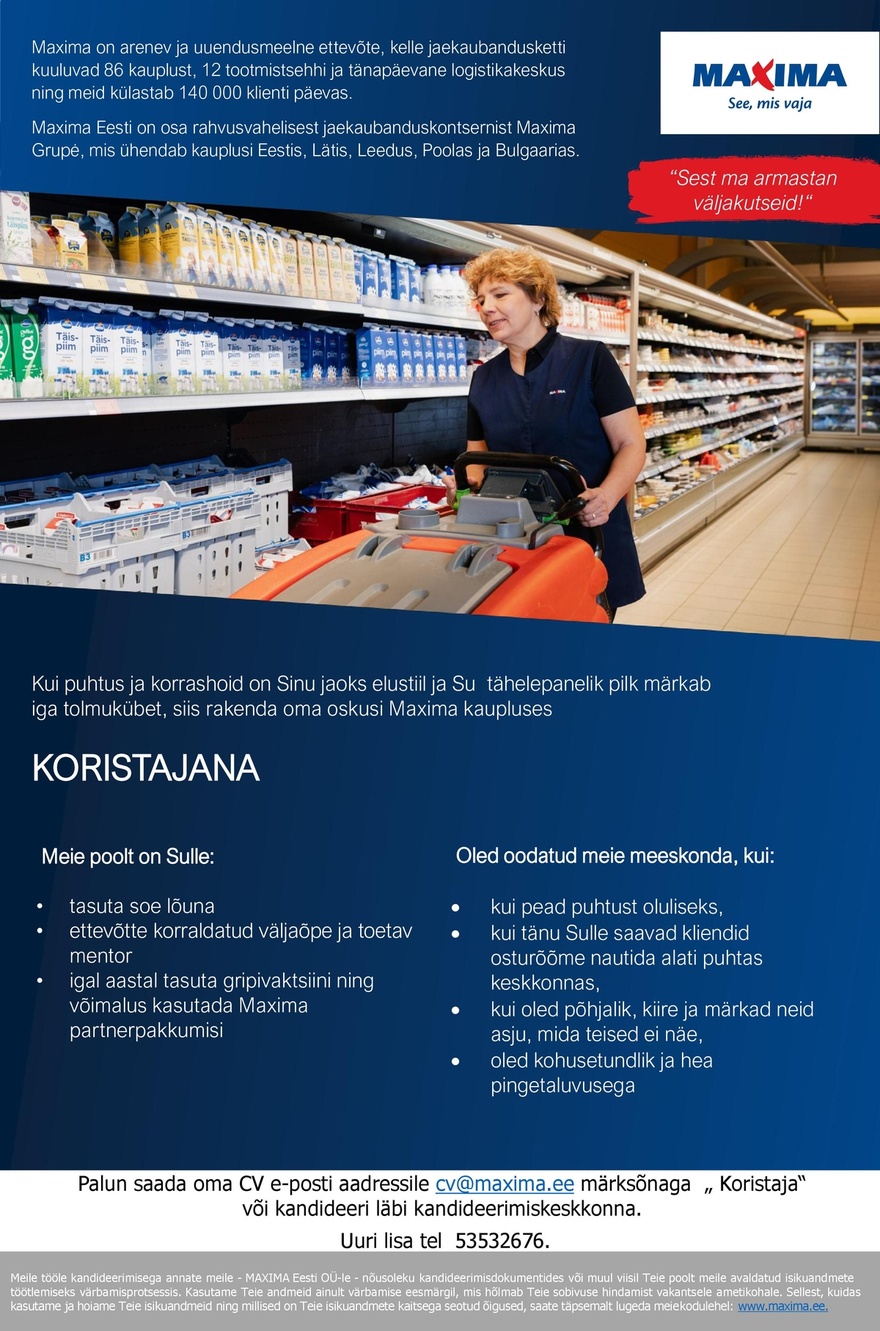 Maxima Eesti OÜ Koristaja Lasnamäe Maximas