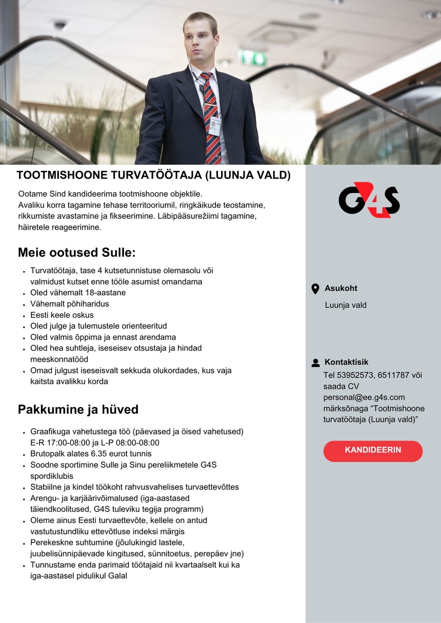 AS G4S Eesti Tootmishoone turvatöötaja (Luunja vald)