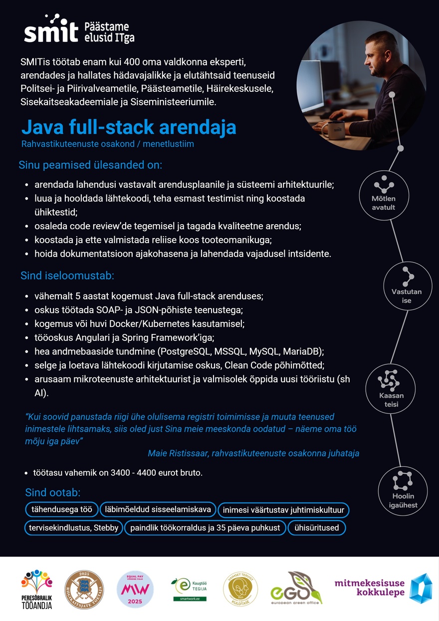 Siseministeeriumi infotehnoloogia- ja arenduskeskus Full Stack Java (vanem)arendaja
