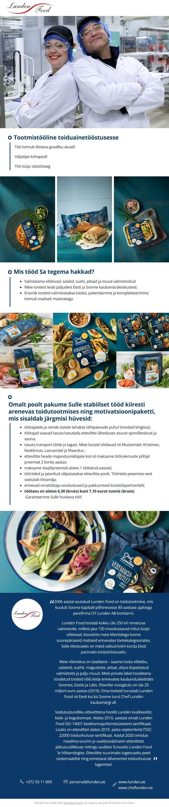 Lunden Food OÜ Tootmistööline