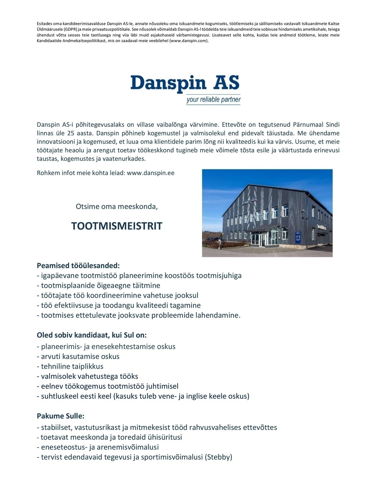 Danspin AS Tootmismeister