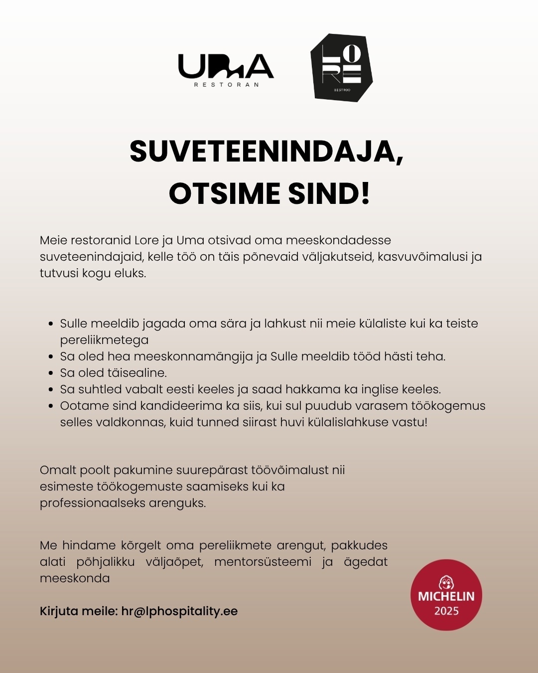 LP Hospitality LP Hospitality otsib suveteenindajat!