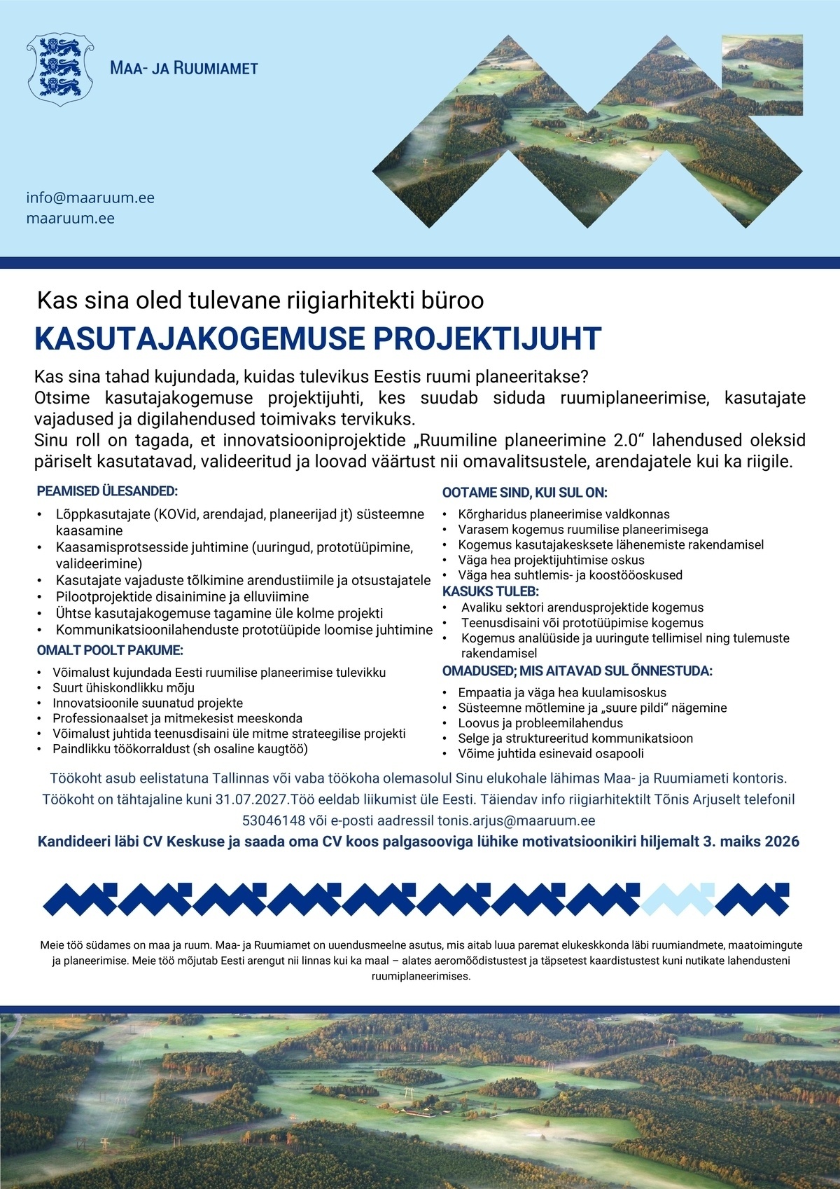 Maa- ja Ruumiamet Kasutajakogemuse projektijuht