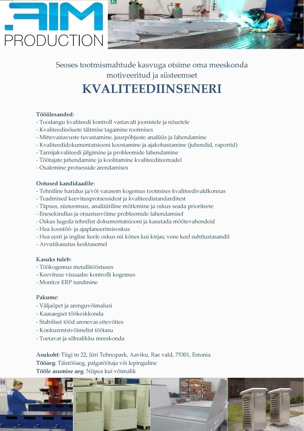 AIM PRODUCTION OÜ KVALITEEDIINSENER