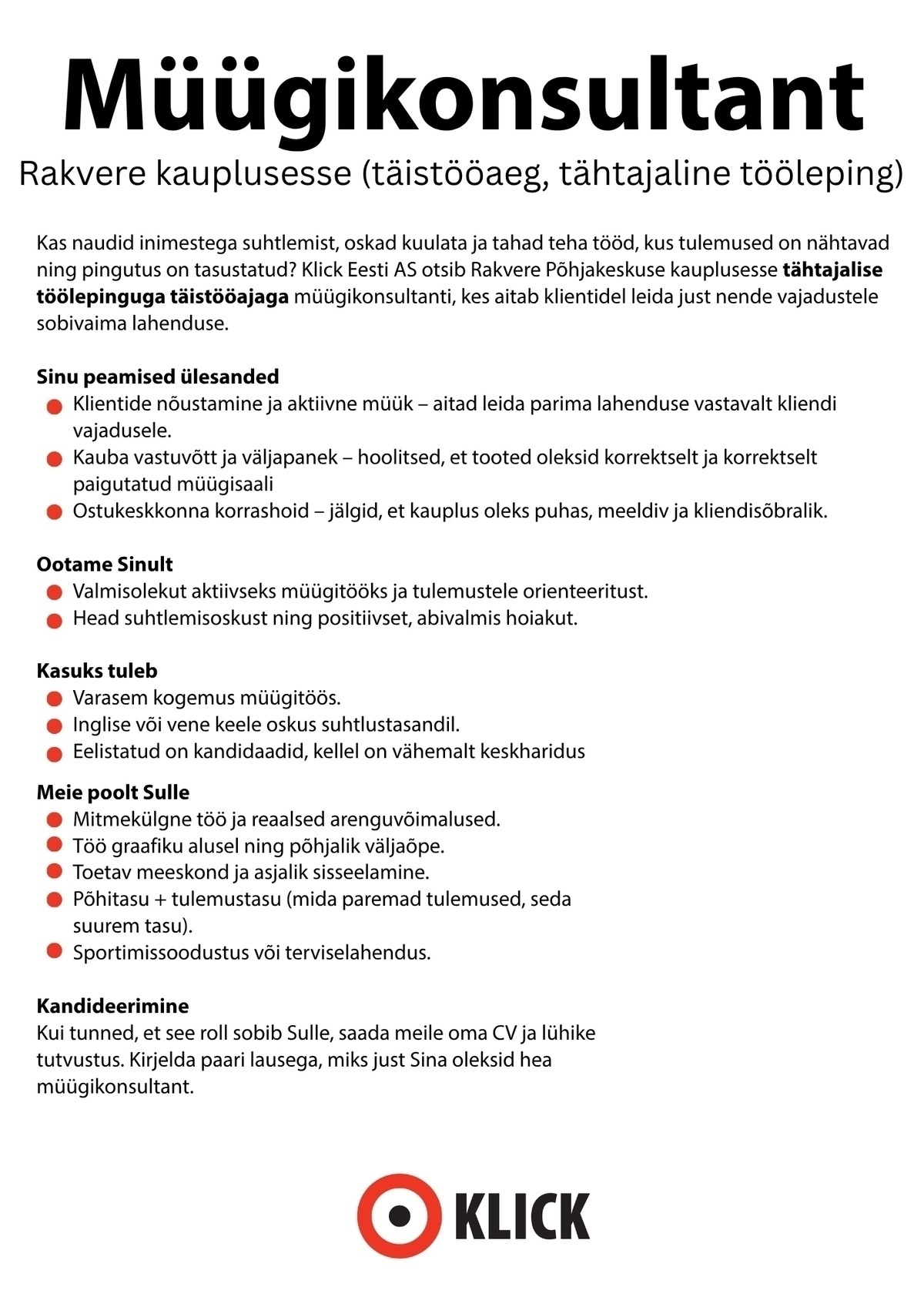Klick Eesti AS Müügikonsultant tähtajaline tööleping
