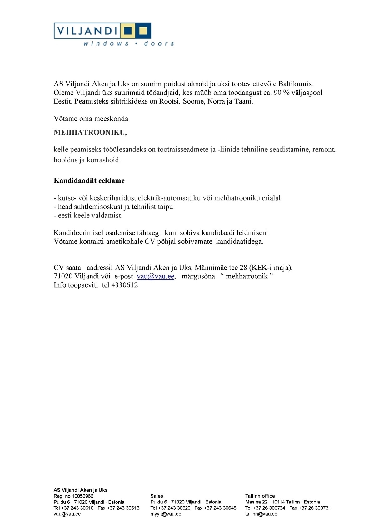 Viljandi Aken ja Uks AS Mehhatroonik