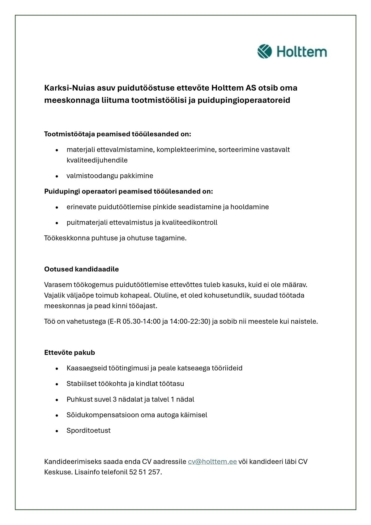 HOLTTEM AS Tootmistöötaja/operaator