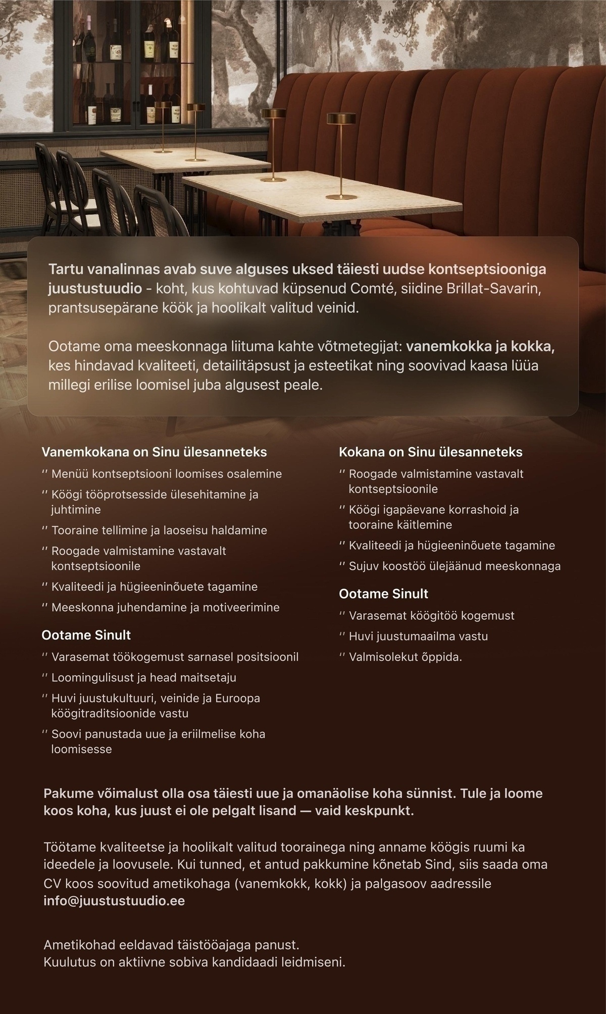 SULA Juustustuudio SULA Juustustuudio otsib vanemkokka/kokka